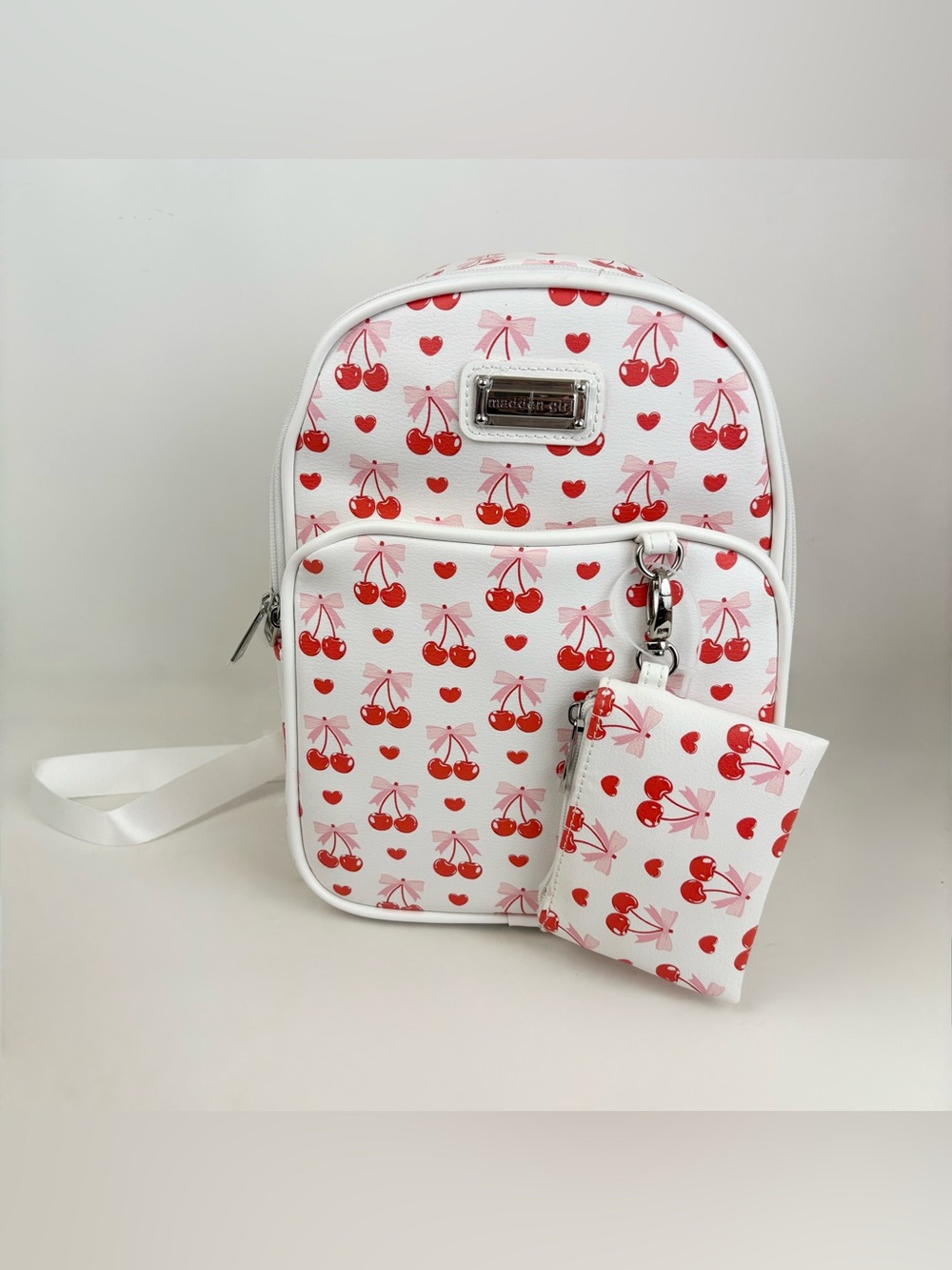 Madden Girl White and Red Cherry Bow Print Mini Backpack Bag and Coin Purse New